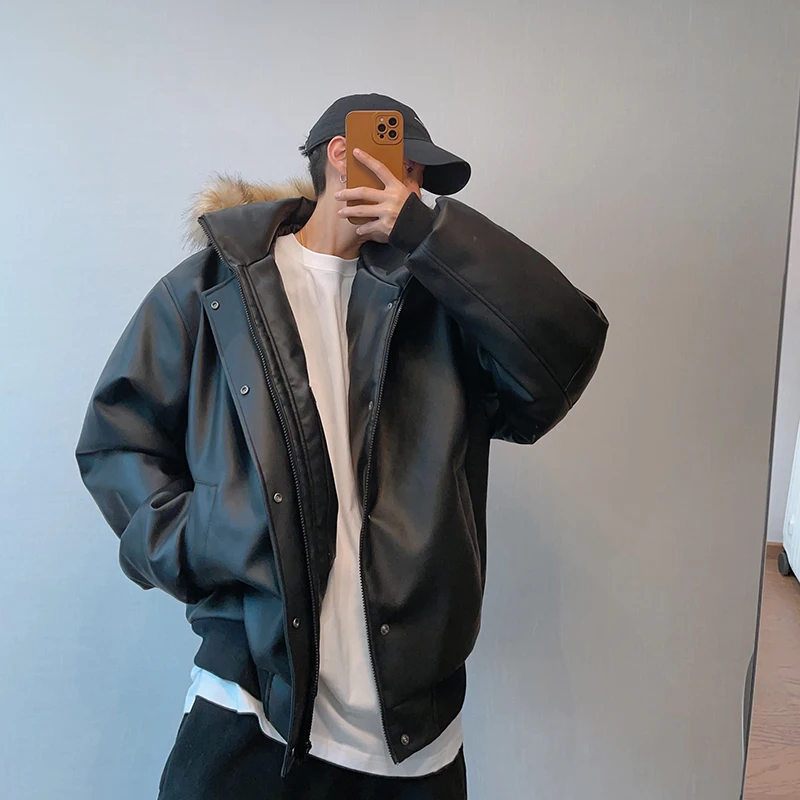 Утепленная хлопковая куртка из искусственной кожи мужская со съемным меховым