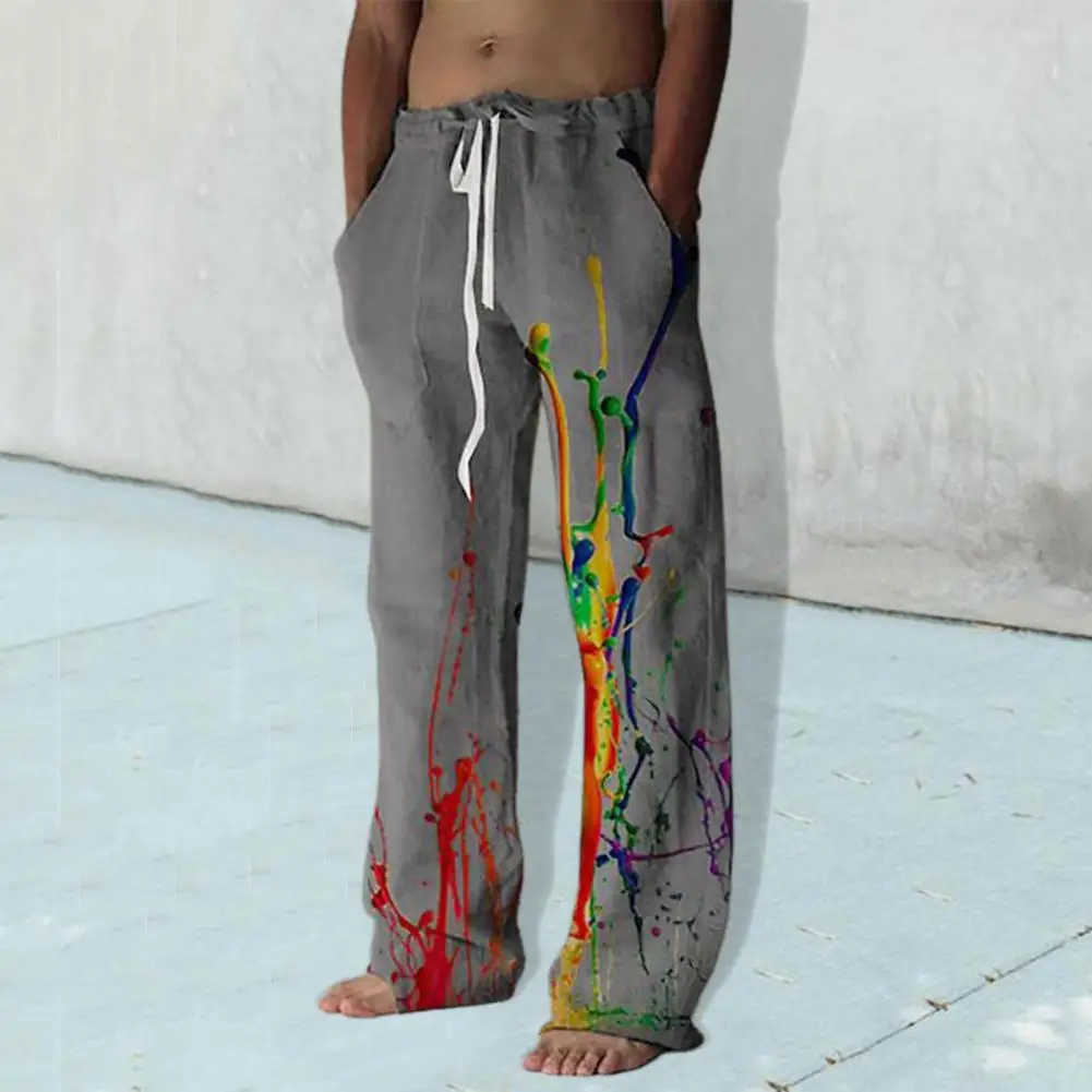 

Men Mid-rise Elastic Waistband Baggy Pants Drawstring Pockets Wide Leg Long Pants Summer Colorful Graffiti Print Trousers