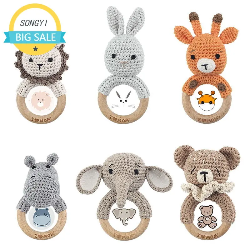 

Baby Wooden Rattle Cartoon Animal Crochet Rattle Wood Soother Teether Bed Stroller Hanging Toy Montessori Infant Toddler Toy