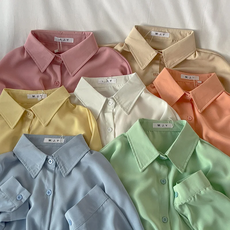 

Candy Color Fashion Shirt Women Casual Turn-down Collor Loose Long Sleeved Top White Blue Pink Blouse
