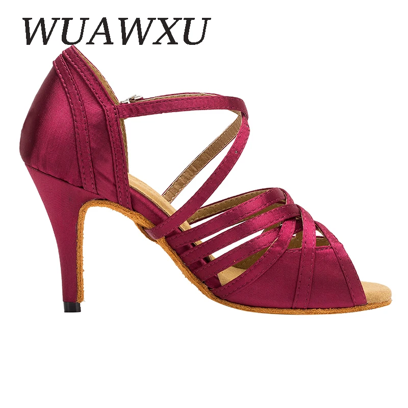 NATASHA2023 Latin Dance Shoes Women's Satin Wine Red 8.5cm Thin Heel Blue 7.5cm Cuban Heel Soft Sole