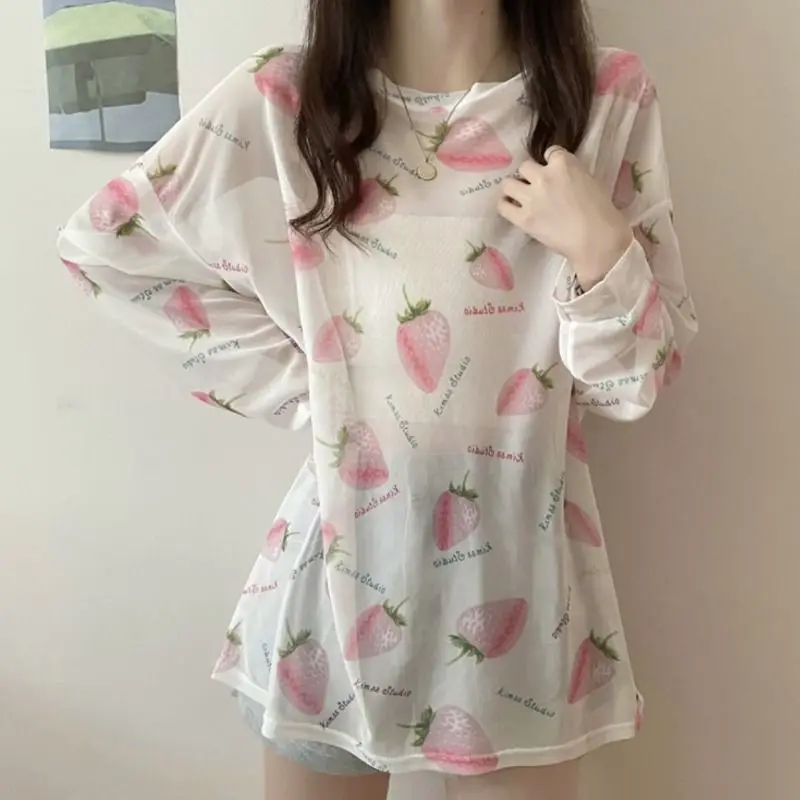 

Translucent Long Sleeve Sunscreen T-Shirt Female Design Sense Tees Top Summer Fashion Loose Thin Pink White 2023 New