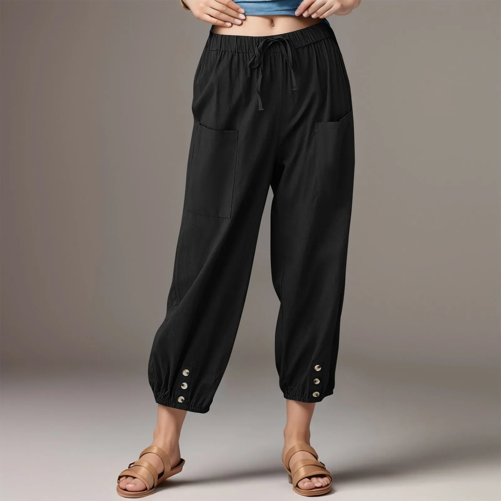 Повседневные женские шаровары длиной до щиколотки из смеси хлопка и льна с