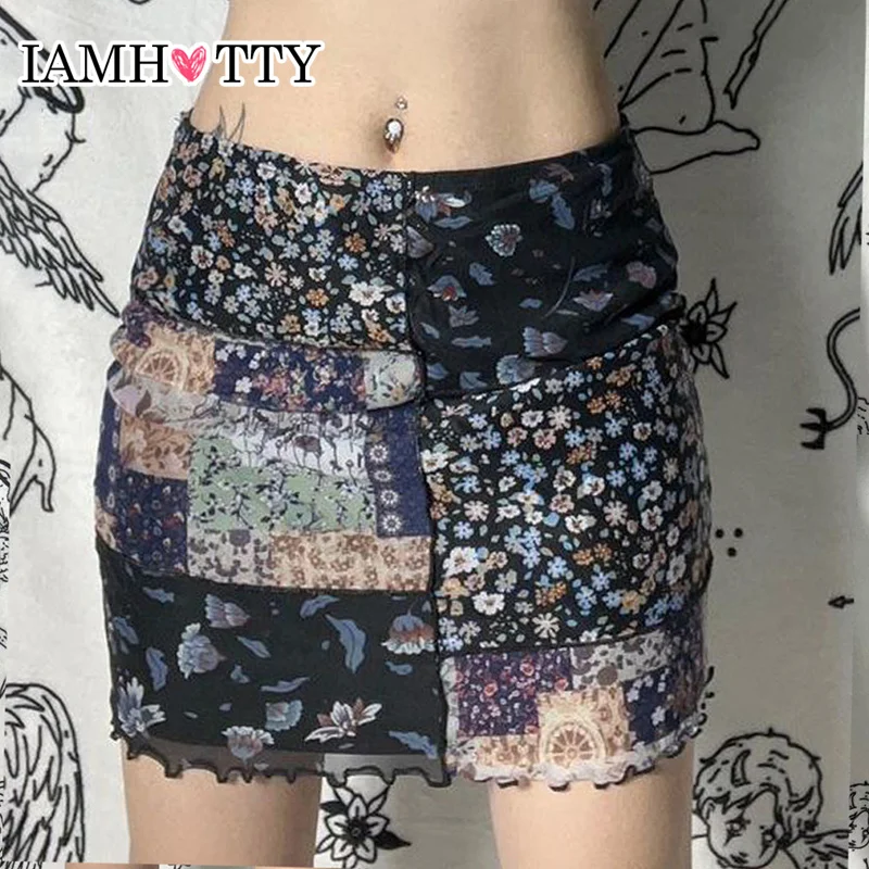 

IAMHOTTY Boho Floral Print Patchwork Mesh Mini Skirt Fairycore Grunge High Waist Double Layer Skirts Y2K Vintage Outfit Female