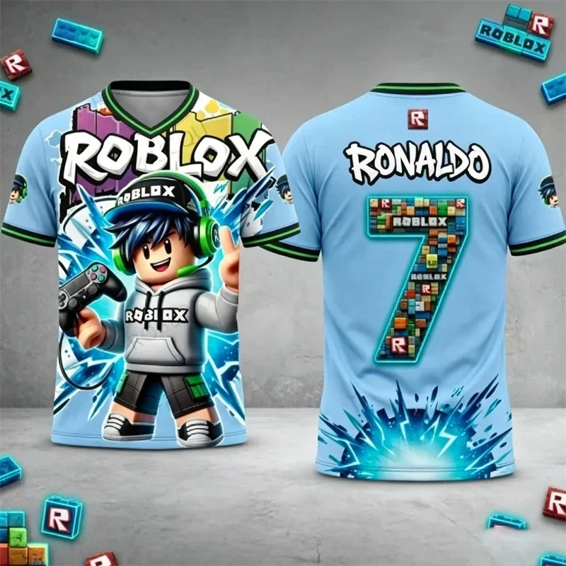 Фото Детская футболка Roblox с 3D-принтом и именем Роналду, стильная спортивная одежда с короткими рукавами для детей, летняя повседневная одежда для фанатов №1