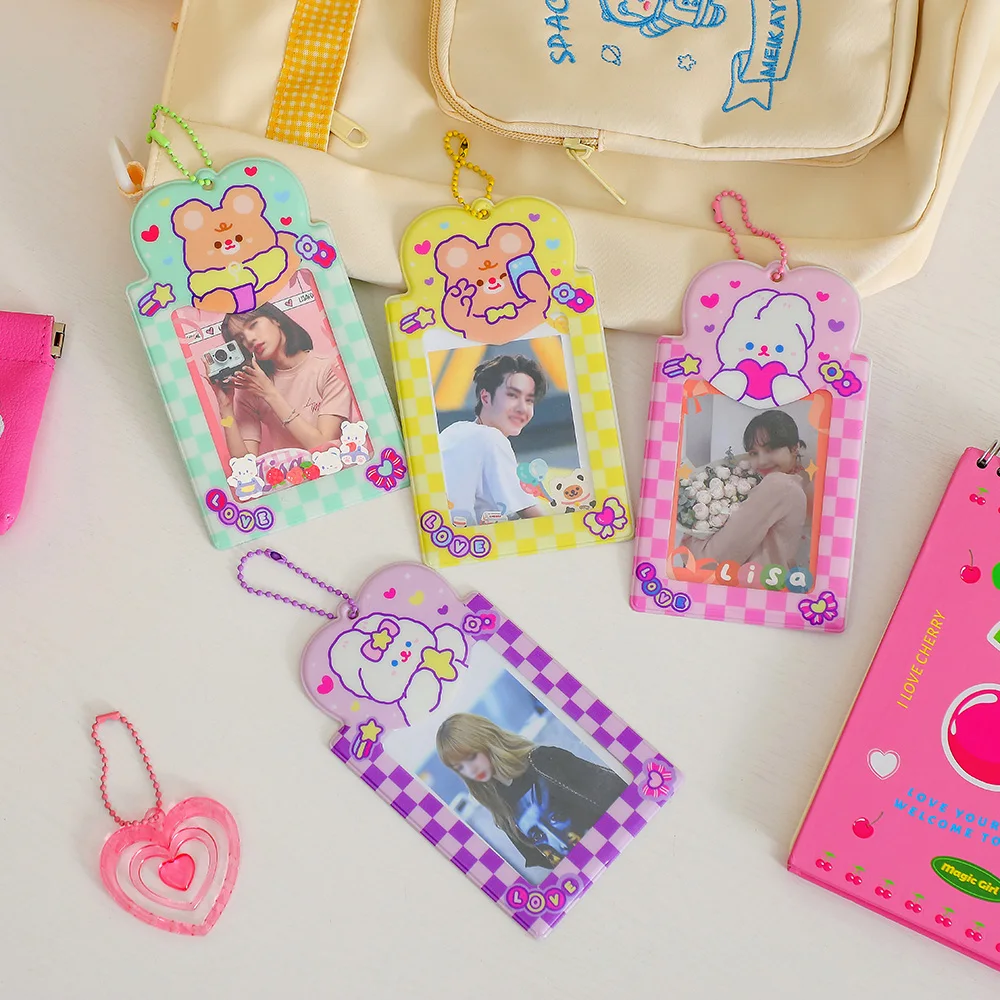 

Cute Cartoon Rabbit Bear Grid KPOP Idol Photo Card Holder Kawaii Keychain Picture Stand Storage Student Card Holder Stationary