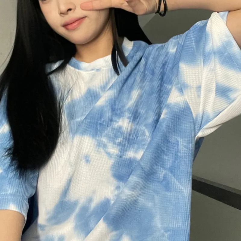 

Privathinker Tie-dyed Snowflake Women T-shirts Short-sleeved Washed Waffle Tops Harajuku Gothic Tee Shirts Loose Female Clothes