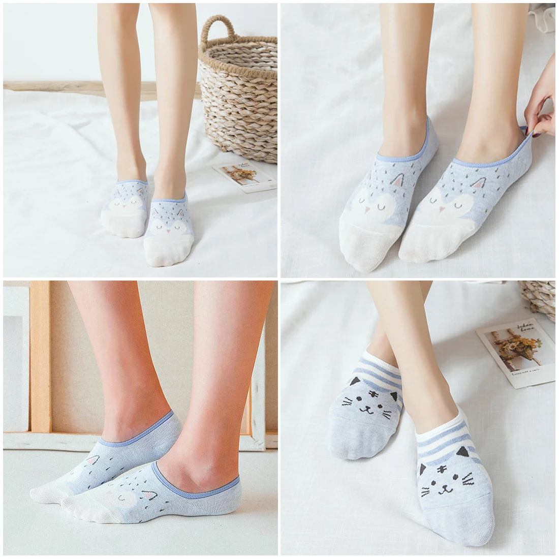 

Spring Summer Socks College Style Retro Cartoon Cat Cotton Ladies Socks Student Boat Socks