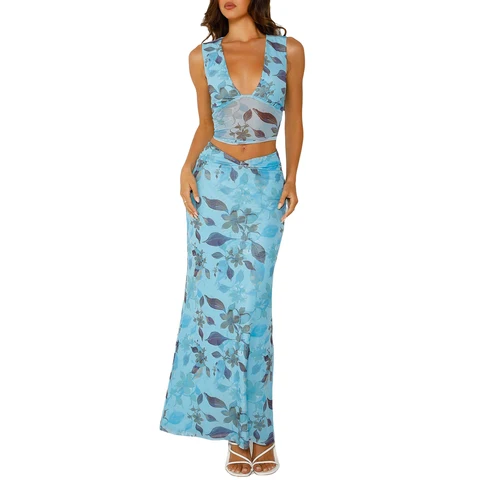 Женский летний комплект из 2 предметов, облегающий сетчатый топ с цветочным принтом и V-образным вырезом и длинная юбка с высокой талией, праздничная Женская пляжная одежда