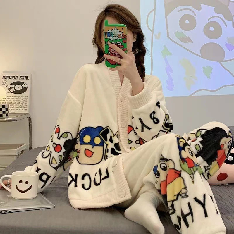 2Pcs Top Pants Suit Pyjamas Winter Flannel Warm Cardigan Cartoon Pajamas Set Women Girl Home Clothes Fleece Thicken Sleepwear