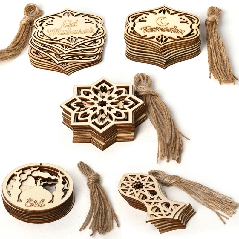 

Wooden Eid Mubarak Pendants 10pcs Hollow Moon Star Castle Art Wood Pendant