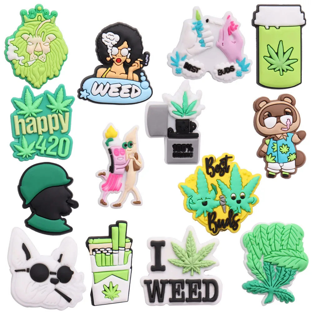 Accesorios de PVC de gato feliz de hierba verde, 50 piezas, adornos de hebilla de zapato, ajuste de pulsera de cocodrilo para fiesta, regalos para niños, 420