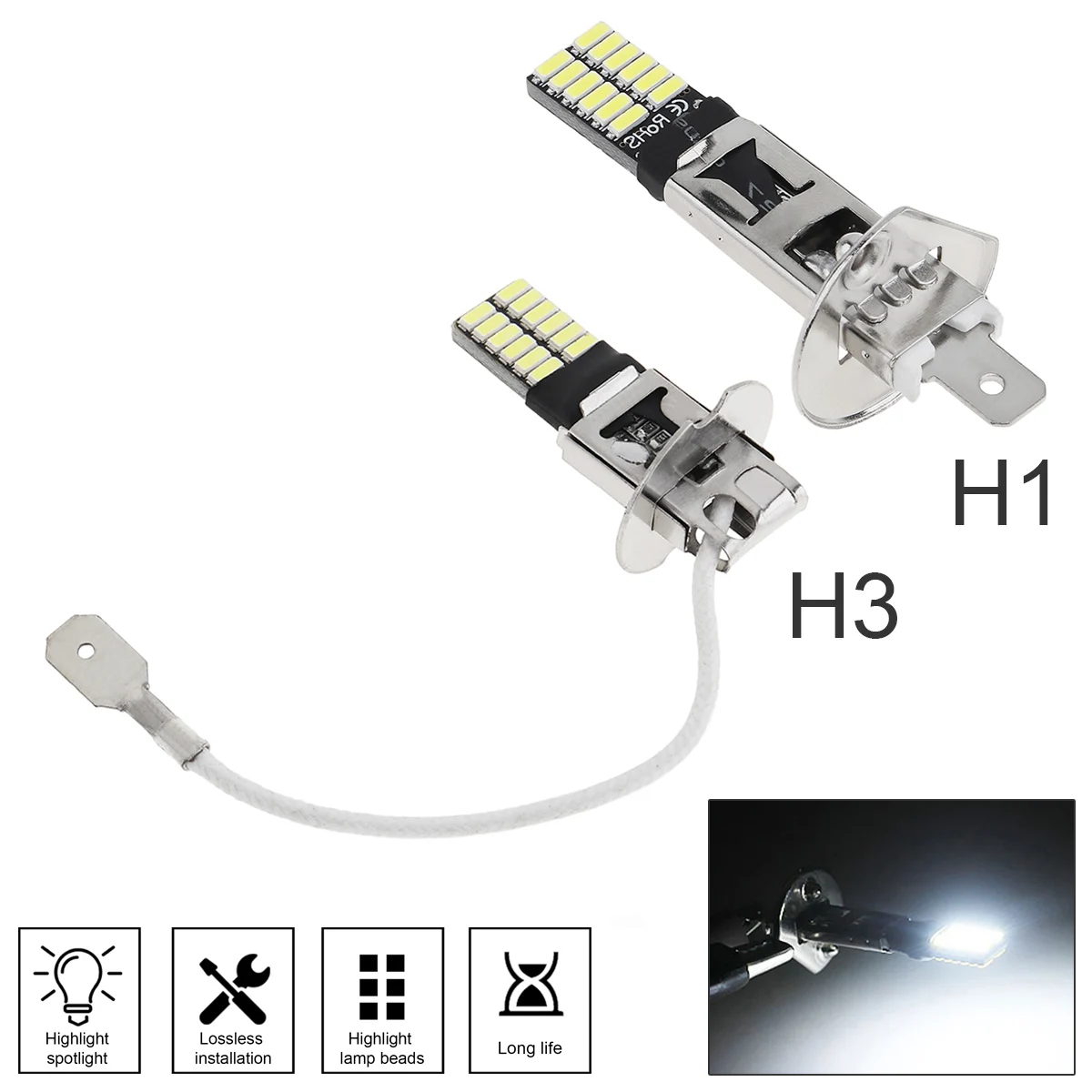 

1pc/2pcs H1 H3 Canbus Super Bright LED Bulb Car Fog Light Headlights 4014 24SMD 12V 6000K Running Light Auto Motorcycle Lamp