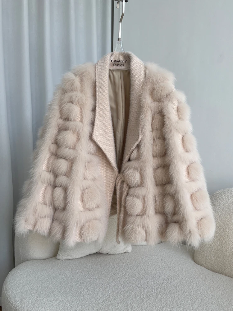 2022 Winter Knitted Cardigan Women Real Fox Fur Coat Young Woman Jacket Natural Fur Outerwear Fashion Design Streetwear