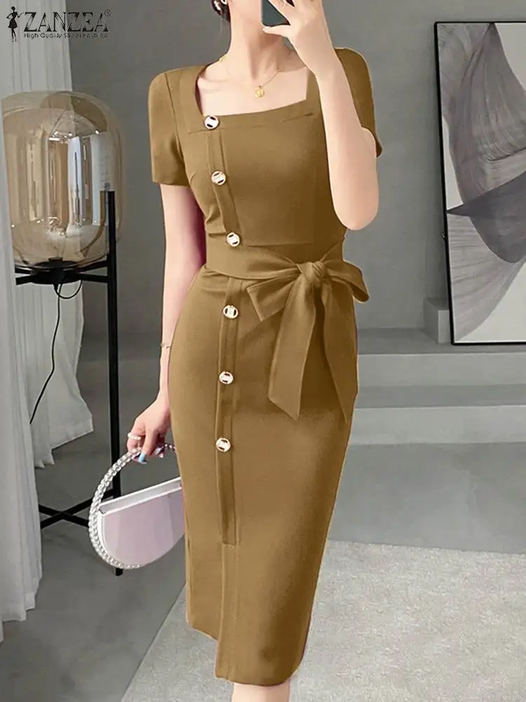 

Элегантное облегающее платье ZANZEA с коротким рукавом, модное платье до колен, женское однотонное платье, летнее офисное женское платье с квадратным вырезом