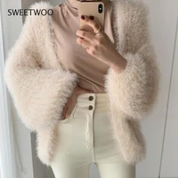chic korea fall temperament wild fluffy loose casual warm mohair apricot cardigan sweater jacket women pink tops sweet tide 2022