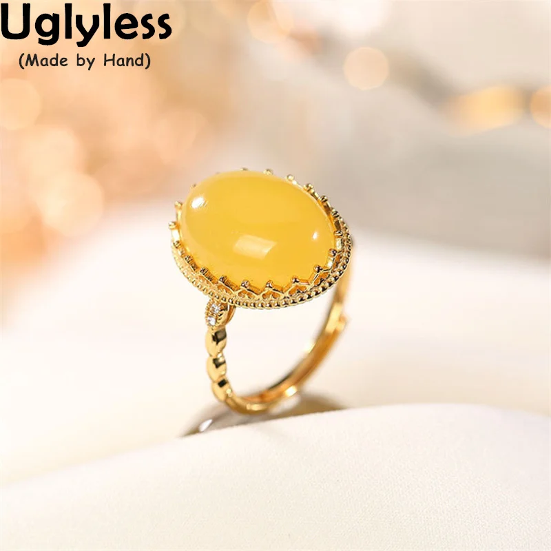 

Uglyless Minimalism Oval Gemstones Natural Amber Beeswax Rings for Women Gold Fashion Dress Rings 925 Silver Simple Fine Jewelry