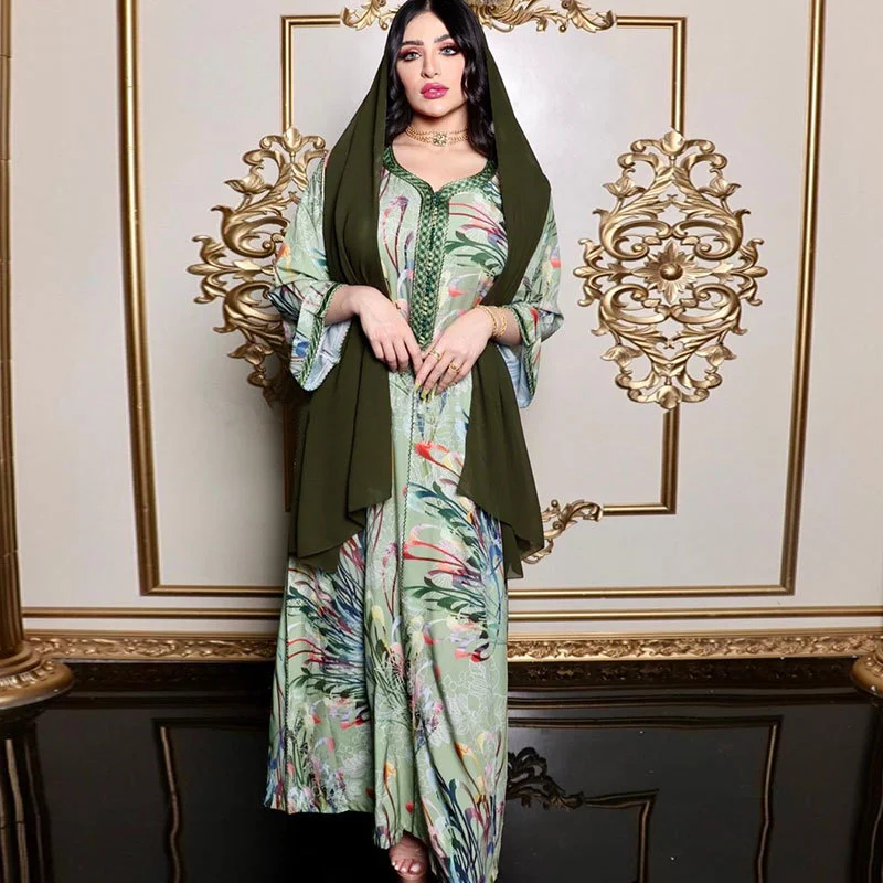 

Arab Dubai Muslim Long Dress for Women Fresh Green Ribbon V Neck Jalabiat Middle East Morocco Caftan Abaya Autumn 2022