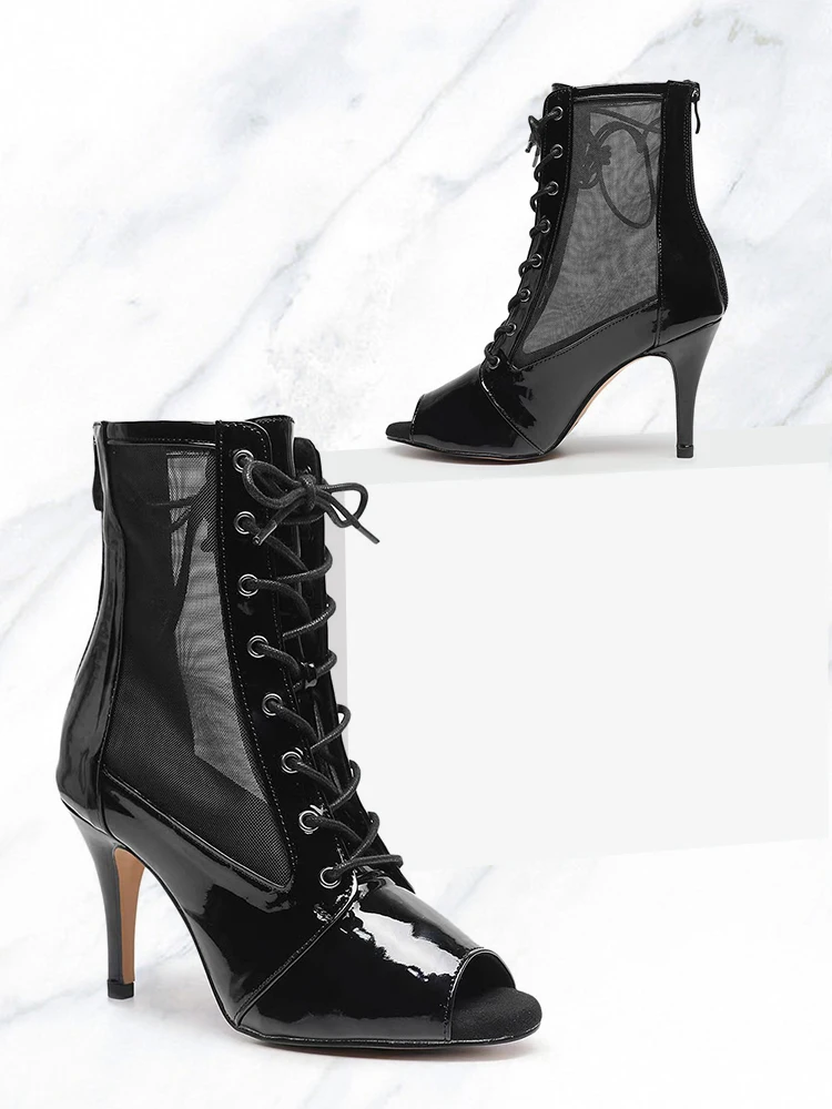DKZSYIM Sexy Stilettos Women Latin Dance Shoes Black Thin Mesh Boots For Women's Dancing shoes Ballroom High Heels New