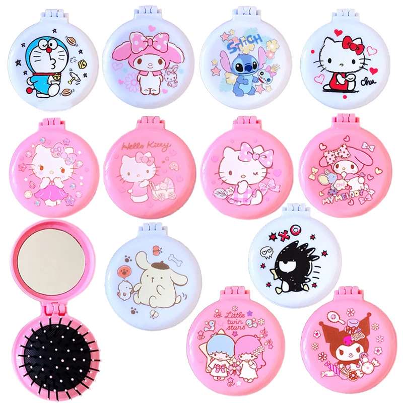 

Sanrioed Kawaii Hello KT зеркало для макияжа Kuromi складное зеркало двойного использования расческа с воздушной подушкой зеркало для макияжа для перено...