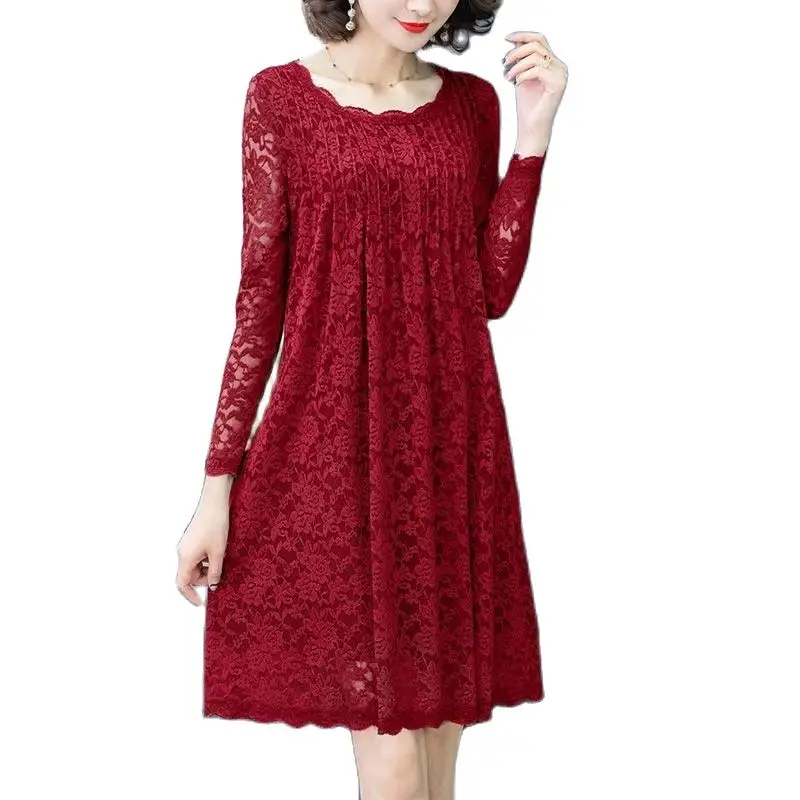 

Модное женское платье, Vestidos, весна-лето 2022, Новое кружевное платье с круглым вырезом, элегантное женское ажурное платье с длинным рукавом