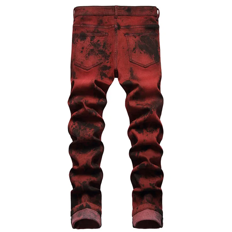 Fashionable Jeans Cool Red Slim Type Splash Ink Decoration Classic Men's Pants Youth Ball Social Casual Wear High Quality Jeans