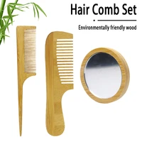 customizable logo 3pcs wooden tip comb bamboo and wood handle comb round portable mini makeup mirror
