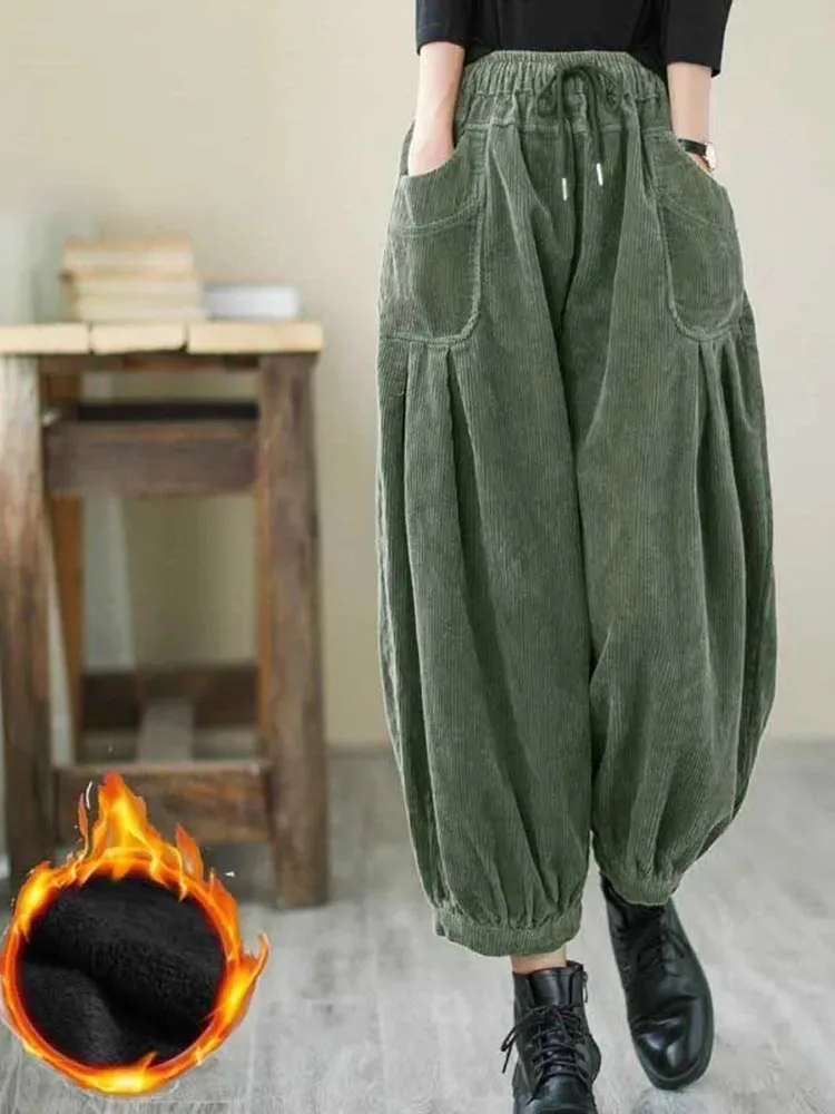 Мешковатые вельветовые утепленные шаровары зимние женские с высокой талией