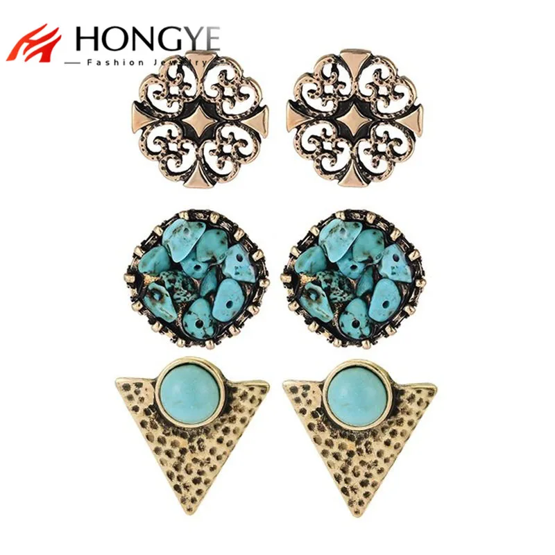 

Hot Sale Tibetan Ethnic Turquoise Gem Stone Gravel Earrings Vintage Fashion Jewelry 3 Pairs of Bulk Ancient Gold