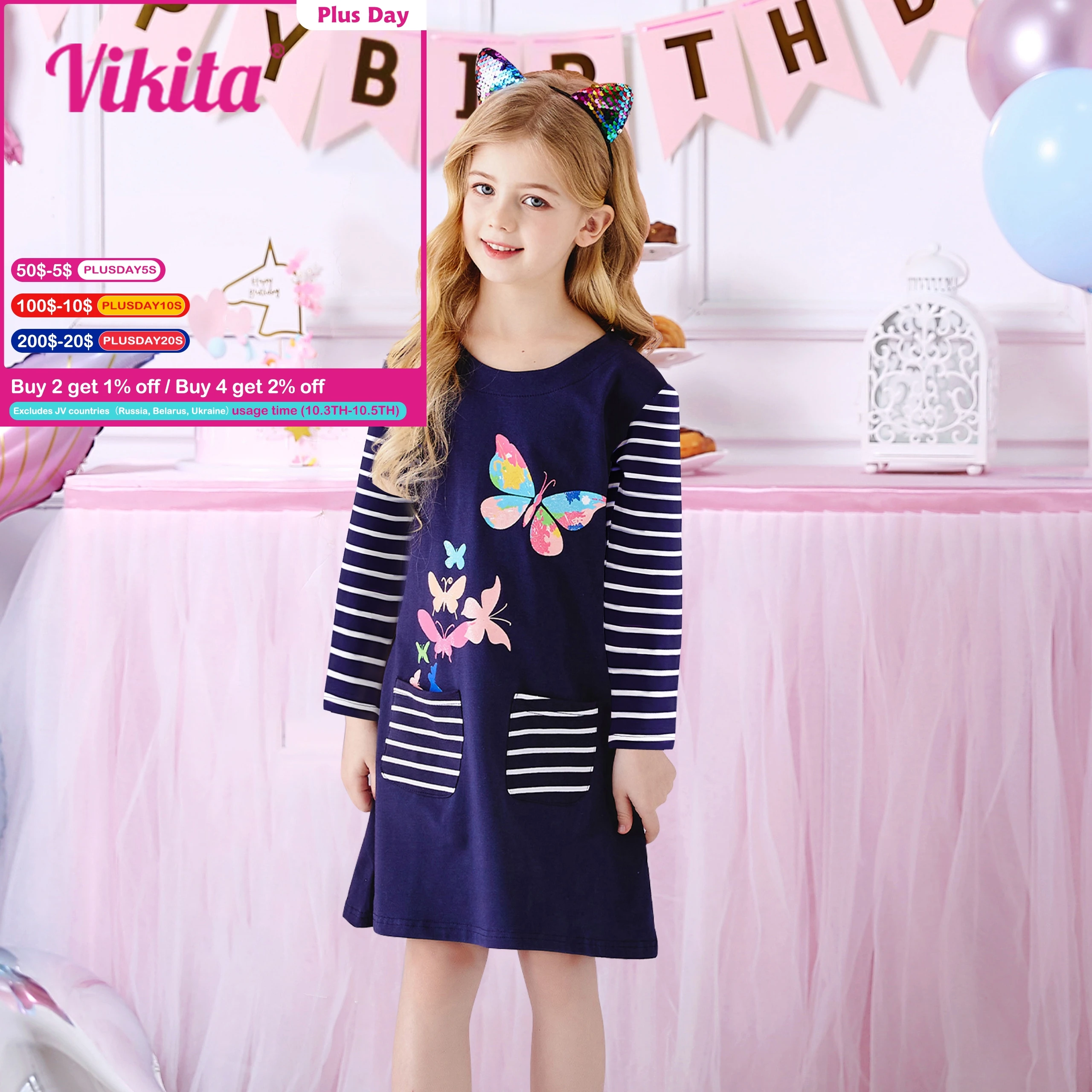 VIKITA Girls Dress Autumn Spring Baby Girl Striped Cartoon Print Clothes Kids Dresses for Girls Vestidos Princess Cotton Dress