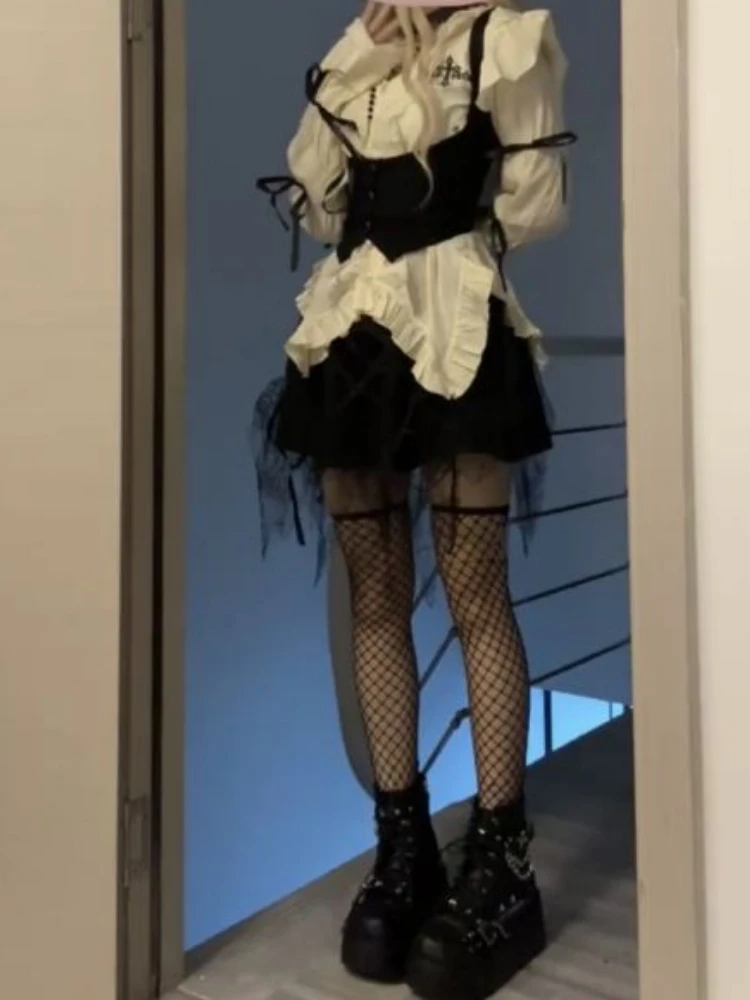 Милые комплекты из 3 предметов женская рубашка Харадзюку с нерегулярными рюшами +