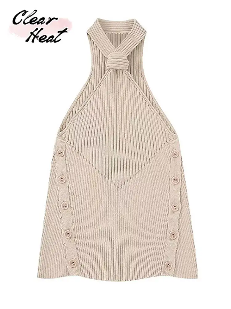 

Women Front Knot Sweater Knit Vest With Buttons Sexy Sleeveless Halter Neck Solid Tanks Summer Highstreet Waistcoat Chic Tops