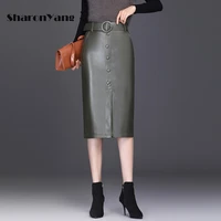 autumn winter black pu leather skirts for women mid length skirts women pockets high waist with belt green skirts woman