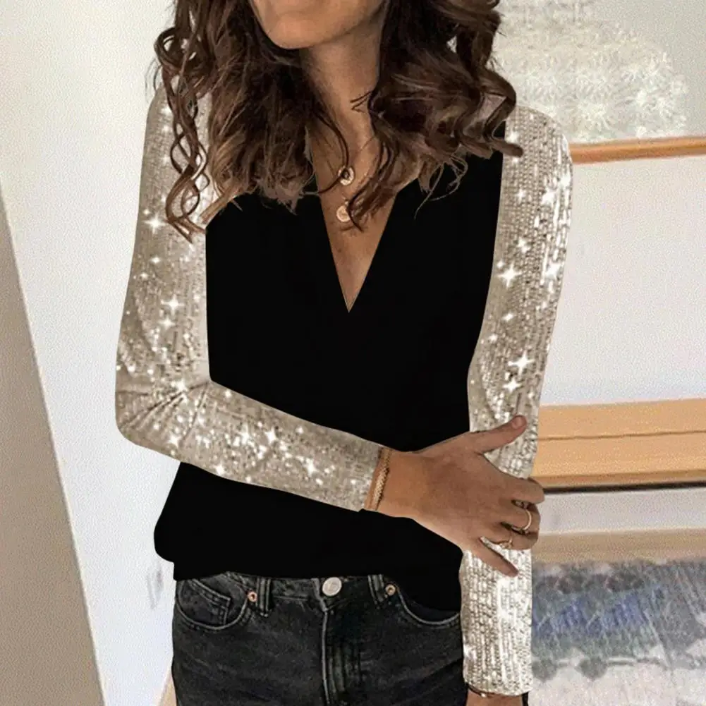 

Fashion Pullover Blouse Skin-touch 3D Cutting Comfortable Pure Color Sequins Splicing Casual T-shirt Loose Tops Versatile