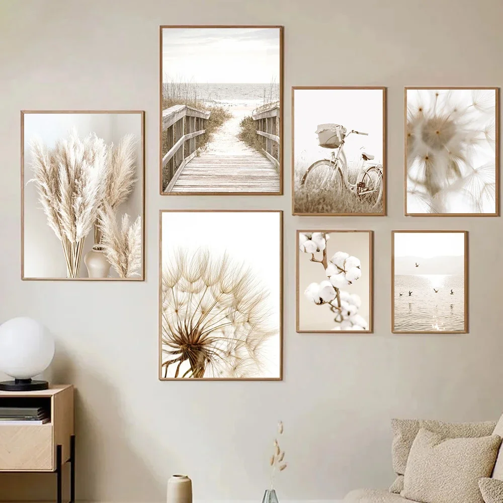 Beige Flower Grass Landscape Canvas Painting Dandelion Reed Wall Art Beach Scenery Posters And Prints Pictures Living Room Decor