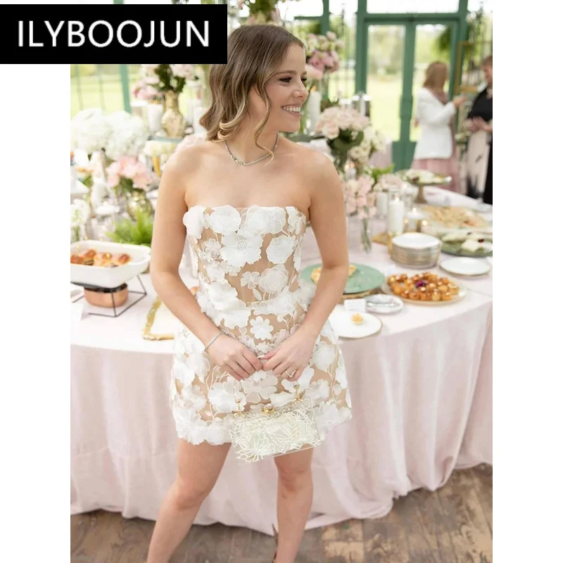 Белое вышитое облегающее мини-бальное платье без бретелек сексуальное