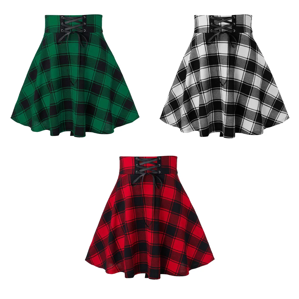 

Women Plaid Short Skirt Pleated Miniskirt Vintage Drawstring Dress Red