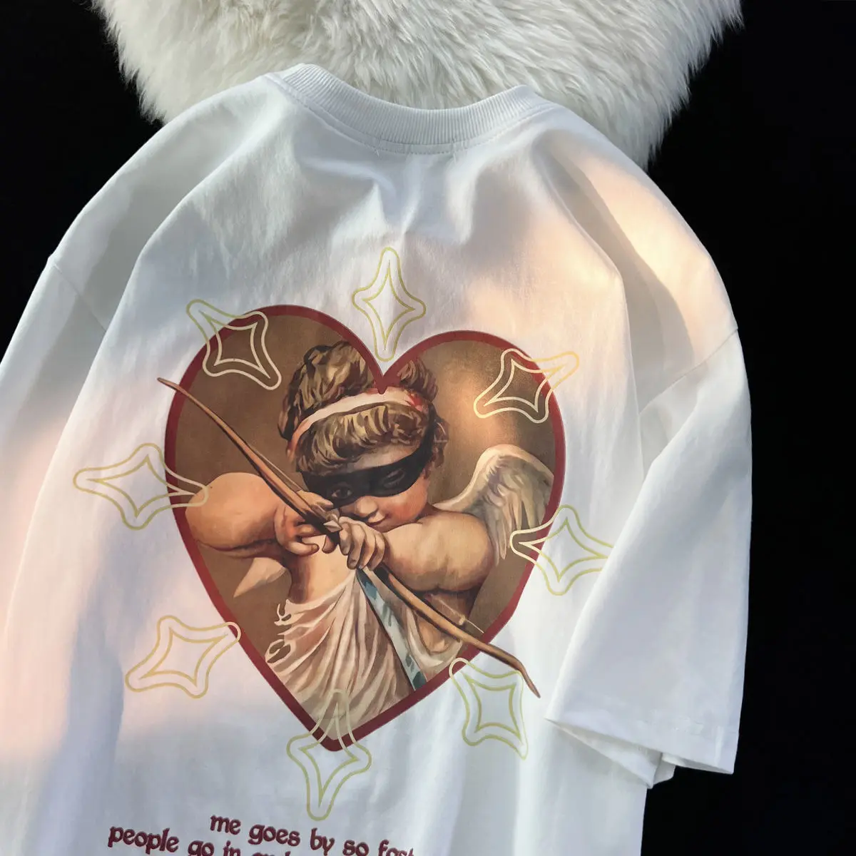 

Футболка женская из чистого хлопка, модный брендовый топ с коротким рукавом Купидон, дизайнерская нишевая футболка для пар, y2k, на лето