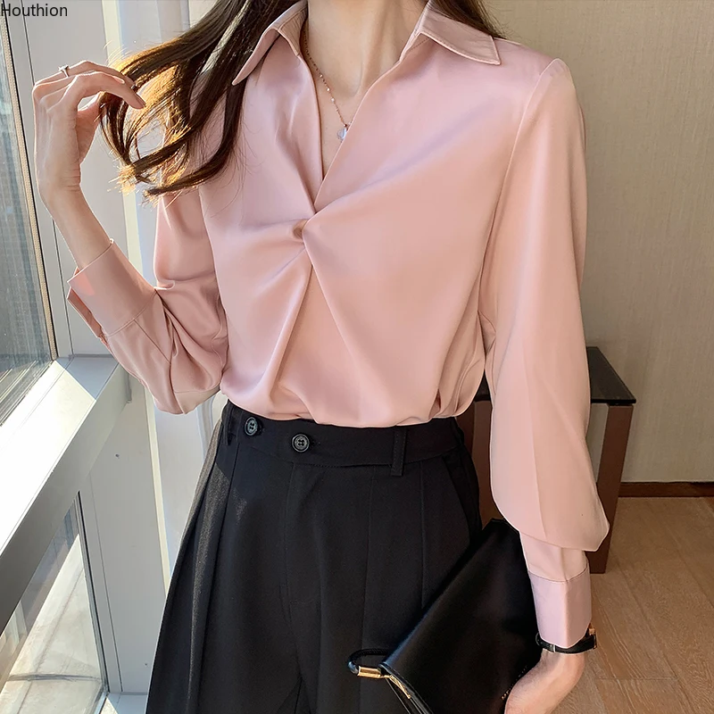 

Summer New Women's Blouses Polo Shirt Long Sleeve Top Satin Casual Fashion Loose Spring Lady Clothing Houthion