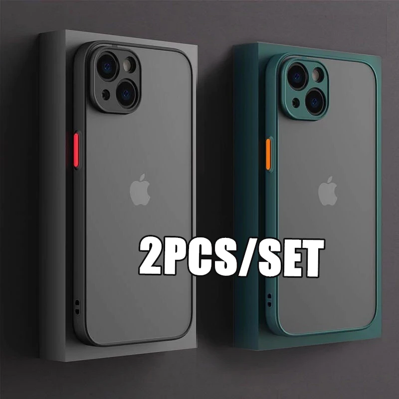 

2PCS Matte Case For iPhone 14 13 12 11 Pro Max XR XS X 7 8 Plus SE Mini Shockproof Luxury Silicone Case Bumper Hard Cover Capa