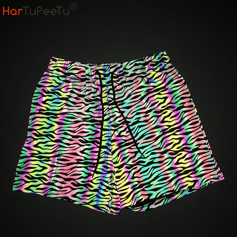 Summer Male Running Cycling Hot Shorts Loose Party Streetwear Colourful Print Hip Hop Men Rainbowe Reflective Shorts 2022