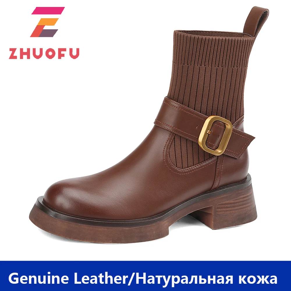 

ZHUOFU 2023 осень-зима рабочие взрослые женские ботильоны из натуральной кожи с пряжкой на толстом каблуке Женская обувь в британском стиле