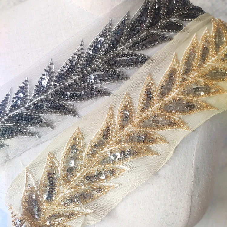 

3Yard 6cm Leaf Gold Seeds Beaded Embroidered Trim Sequin Lace Trim Paillette Ribbon Wedding Dress Dentelle Applique