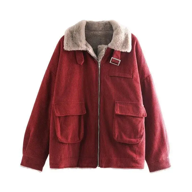Winter Jacket Women 2022 New Cotton Coats Loose Casual Corduroy Lamb Wool Thick Warm Workwear Padded Parkas Famale Clothing Tops