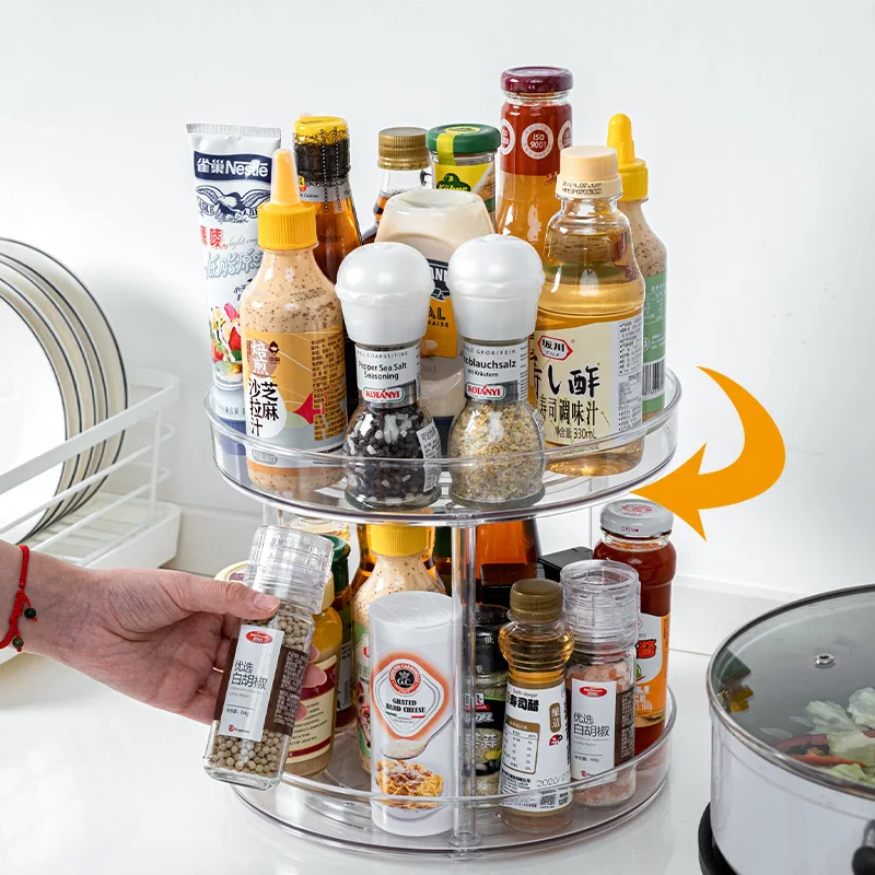 

Kitchen Single Double Layer Rotating Rack Seasoning Rack PET Transparent Seasoning Storage Box Cosmetic Storage Rack New