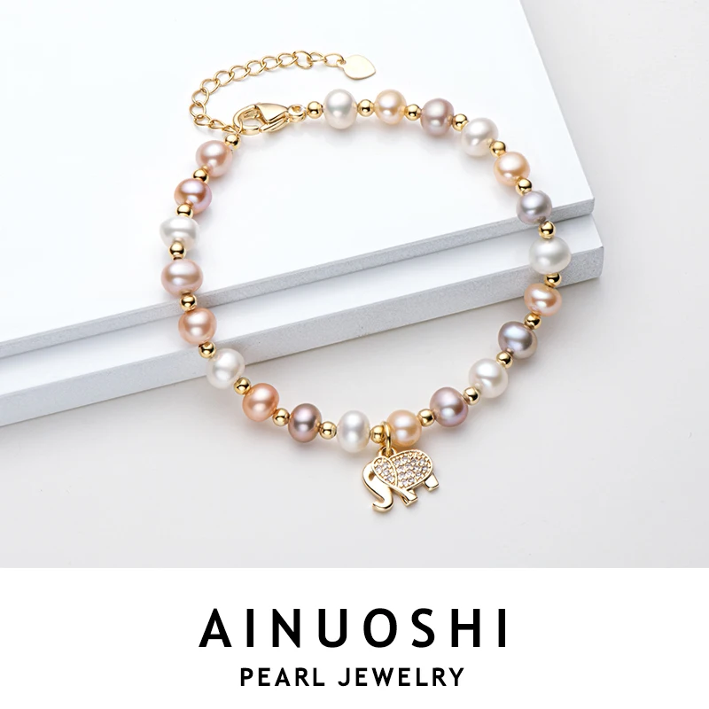 

AINUOSHI 14K Gold Filled Adjustable Bracelets 4.5-6.5mm Natural Cultured Freshwater Pearl Elephant Charm Bracelet Fashion Gift