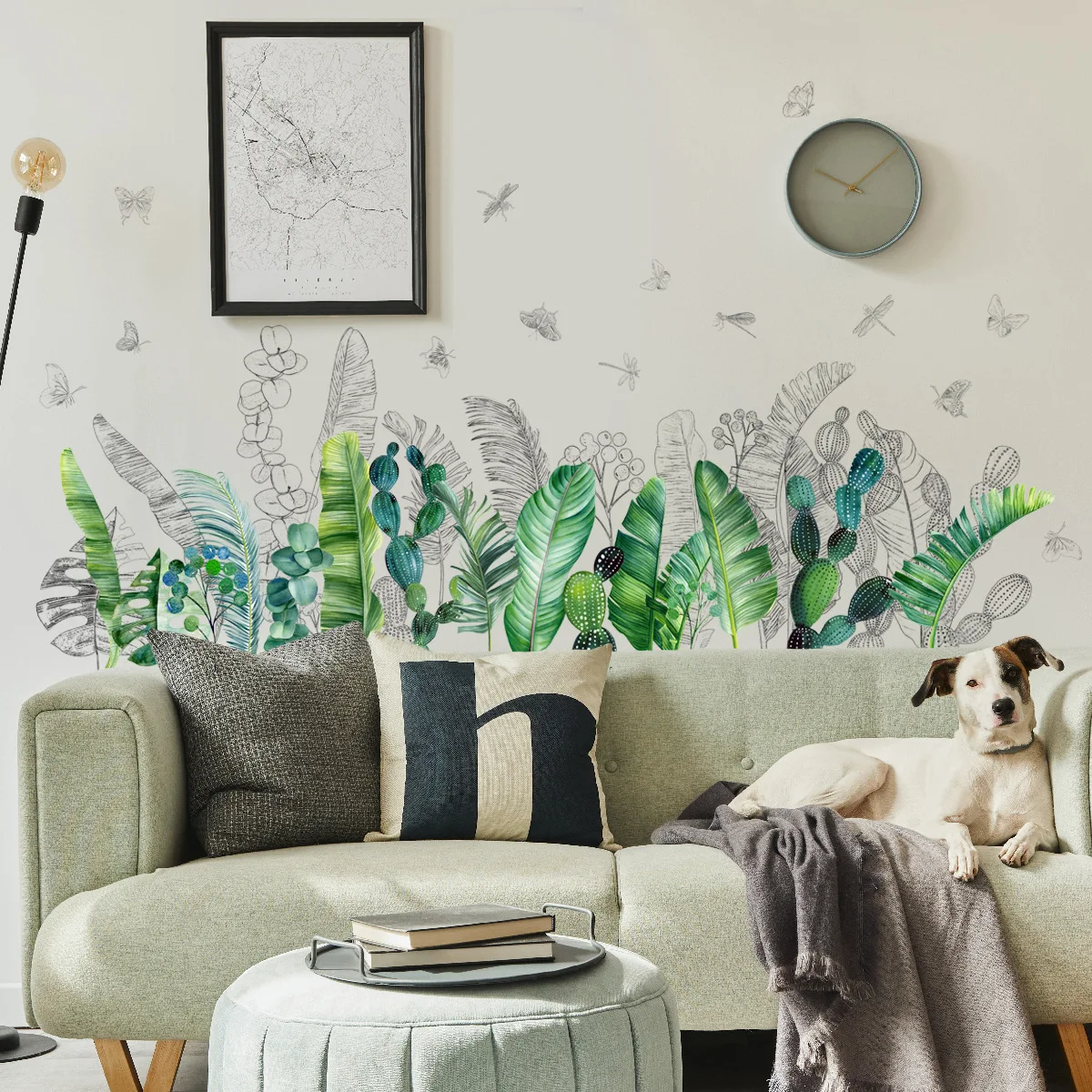 

Creative green plant leaves Dragonfly wall sticker living room background wall decoration wall sticker self-adhesive Wallpaper