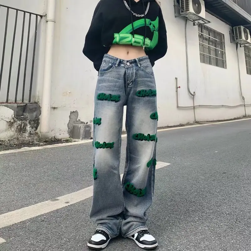 

High Quality Flocking Letter Jeans Women's Design Sense Niche Straight Pants High Street Ins Y2k Pants Women Clothing