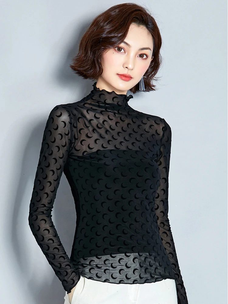 Сетчатая водолазка блузка корейская мода блузки для женщин 2022 рубашка женские