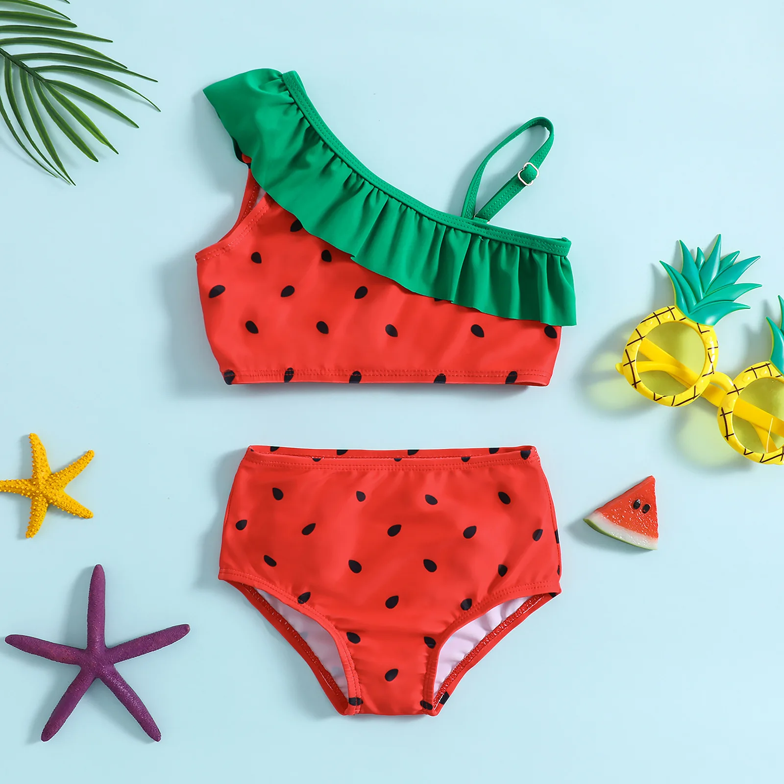 

1-7Y Kids Bikini Set Girls Swimwear 2023 Summer Ruffle Sleeveless Watermelon Print Bathing Suit Children Beachwear Baby Swimsuit